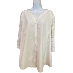 Denim & Co Blouse Tunic Top 2X White Lace Sleeve Button Front Boho Romantic Chic